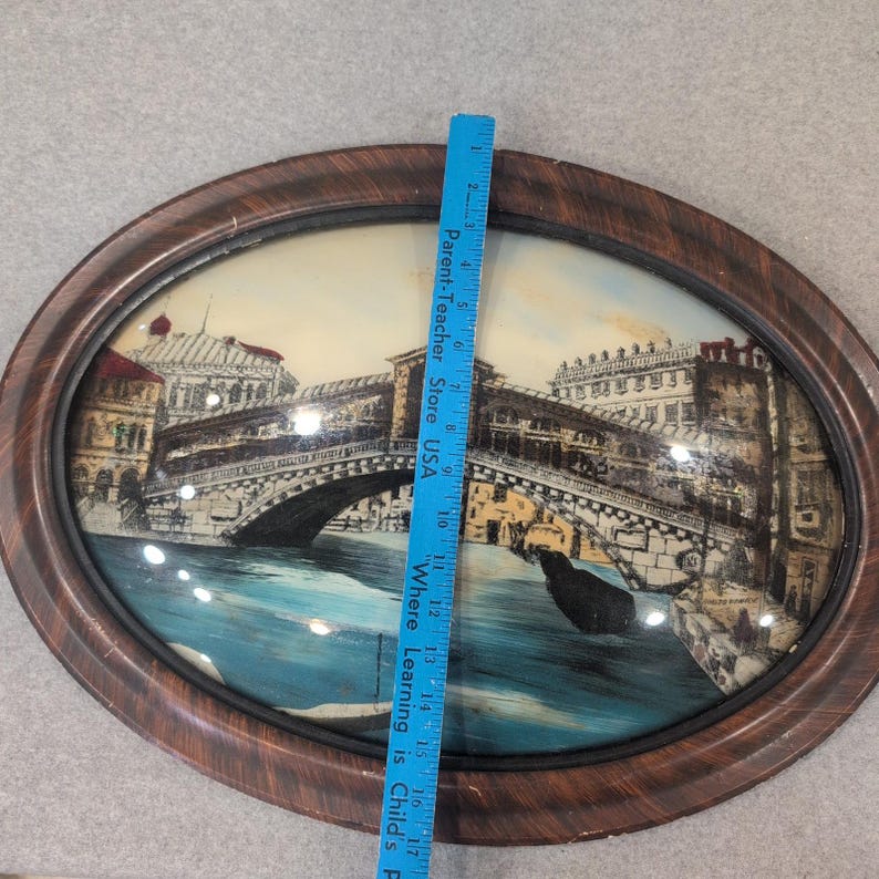 Antique Reverse Glass Scene Rialto Bridge Venice Italy Bubble Glass Oval Frame image 4