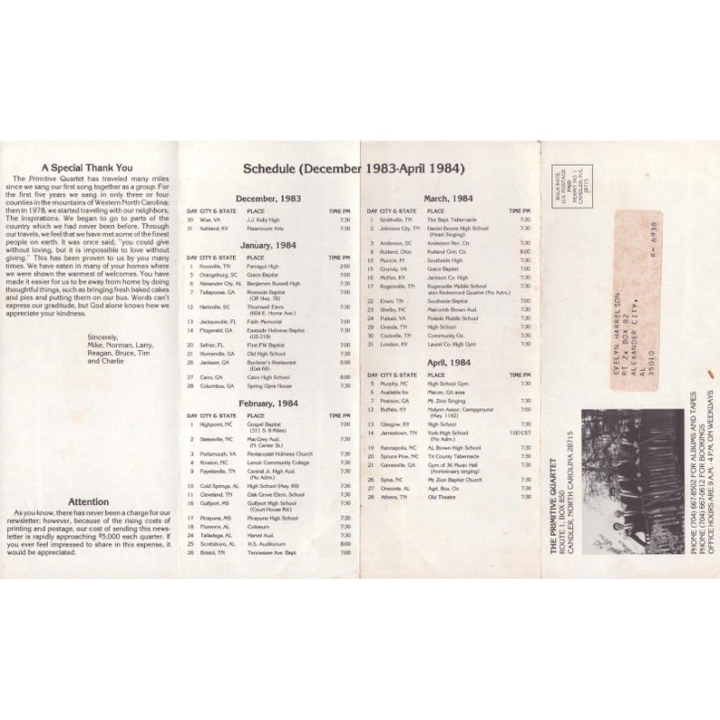Vintage 1983-1984 The Primitive Quartet Gospel Music Newsletter Tour Schedule image 2