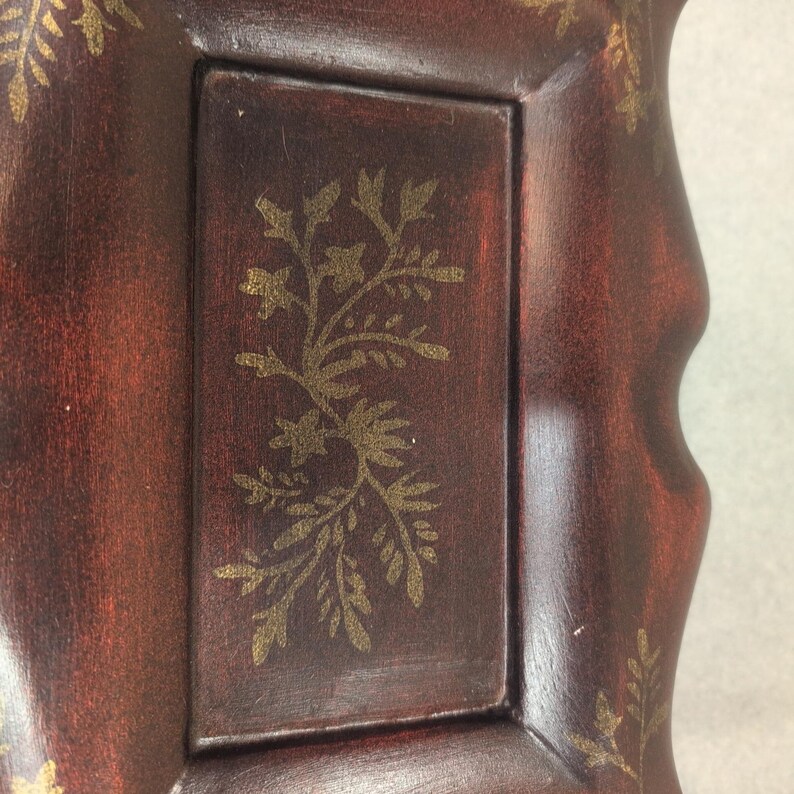 Chalkware Trinket Box Faux Wood Finish Gold Floral Vine Stencil Scalloped Edge image 3