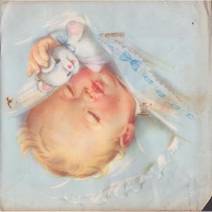 Papier cadeau vintage milieu du siècle pour bébé, éphémères roses et bleues, bébé endormi, état très bon. image 5