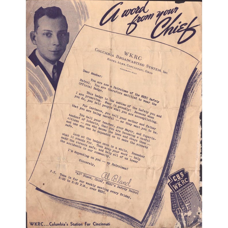 Certificado de membro da Patrulha de Segurança WKRC de Cincinnati, de 1938 (vintage). Música de Al Bland. imagem 2