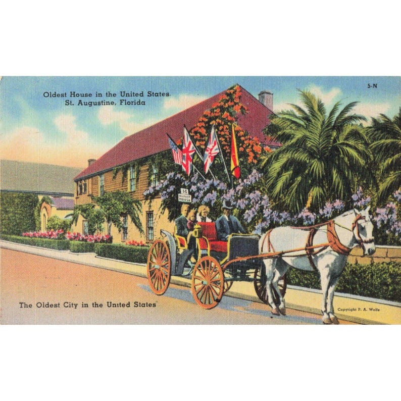 Cartolina vintage di St. Augustine, Florida, con la casa più antica, Tichnor 5-N immagine 1