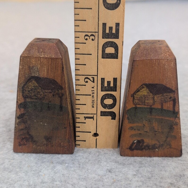 Vintage Hand Painted Wooden Cabin Salt and Pepper Shakers Rustic Folk Art Set image 8