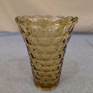 Vintage Federal Glass Amber Pressed Glass Vase Scalloped Rim Yorktown Pattern image 1