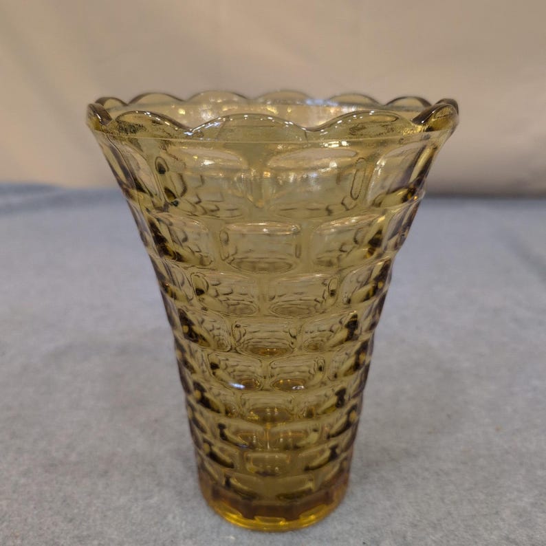 Vintage Federal Glass Amber Pressed Glass Vase Scalloped Rim Yorktown Pattern image 1