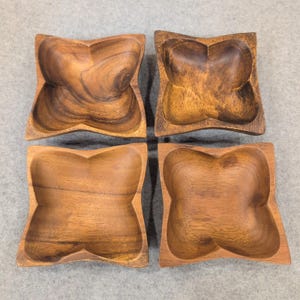 Vintage Acacia Wood Clover Snack Bowls Set of 4 Made in Philippines MCM image 1