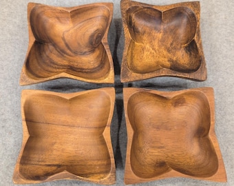 Vintage Acacia Wood Clover Snack Bowls Set of 4 Made in Philippines MCM