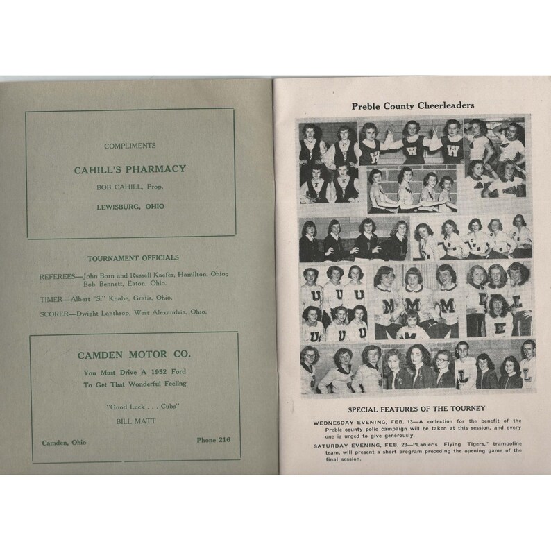 1952 Preble County Basketball Tournament Program Earlham Fieldhouse Indiana VG- image 3
