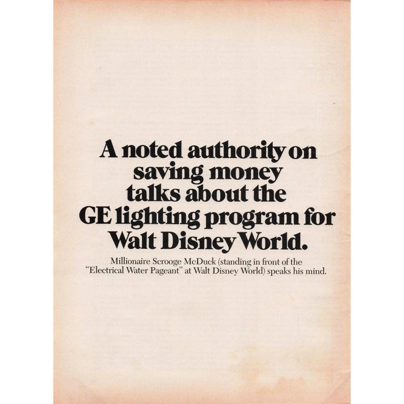 1973 Scrooge McDuck Disney World GE Lighting Print Ad Vintage Decor image 2