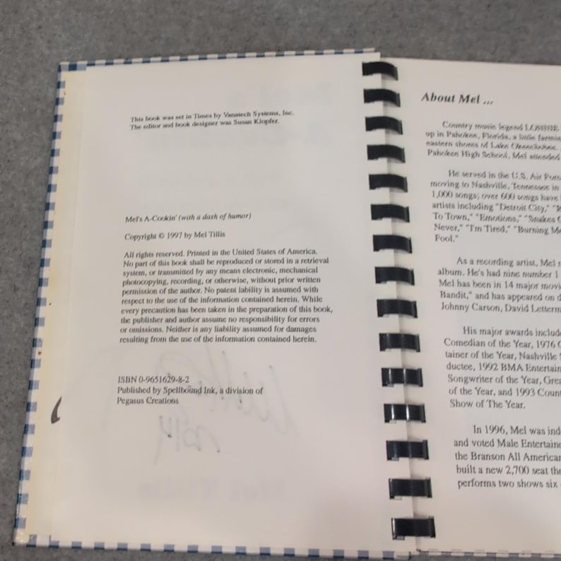 Mel Tillis Mel's A-Cookin' Signed Cookbook 1997 Spiral Bound Country Music Humor image 3