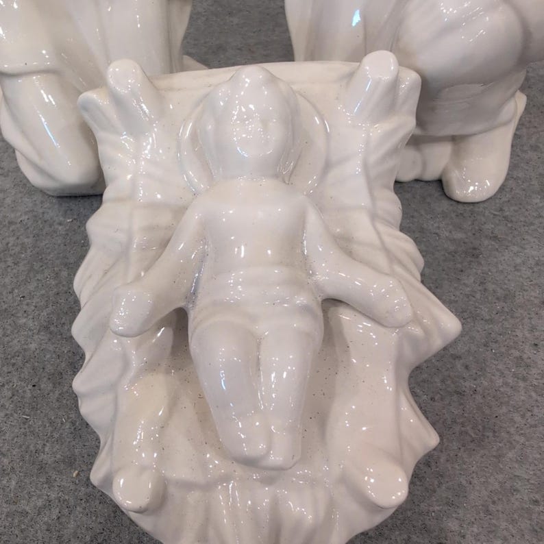 White Glazed Ceramic Nativity Set 3 Piece Holy Family Mary Joseph Baby Jesus image 2