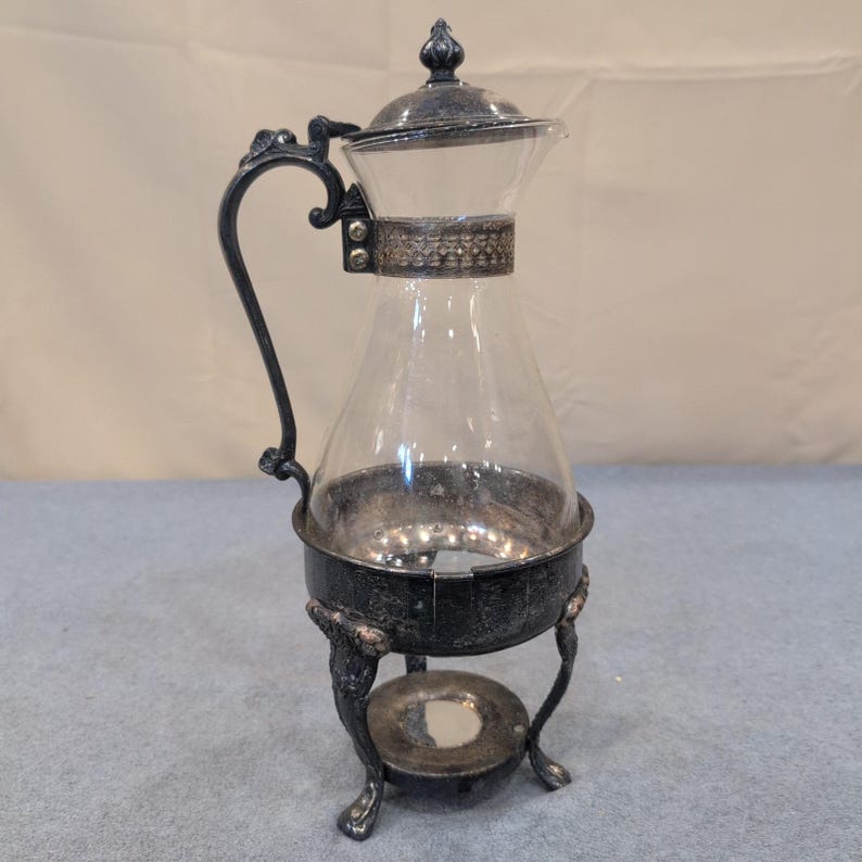 Sheridan Silver Plated Glass Carafe with Ornate Warming Stand Vintage Beverage image 5