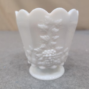 Vintage White Milk Glass Paneled Grape Footed Vase Scalloped Rim image 1