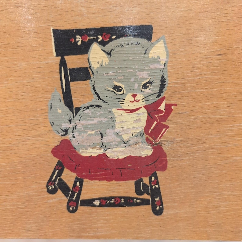 Vintage Wooden Potty Chair Kitten Graphic Mid Century Toddler Training Seat image 5