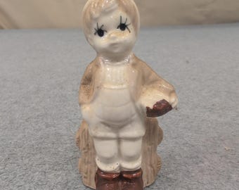 Vintage Ceramic Boy Figurine Tan Cream Overalls Fence Rustic Decor