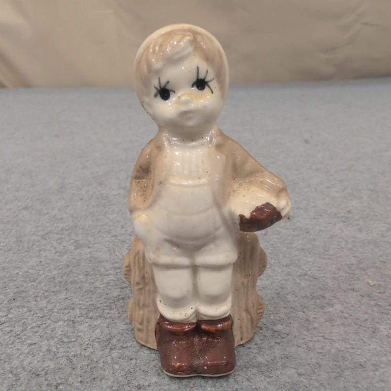 Vintage Ceramic Boy Figurine Tan Cream Overalls Fence Rustic Decor image 1