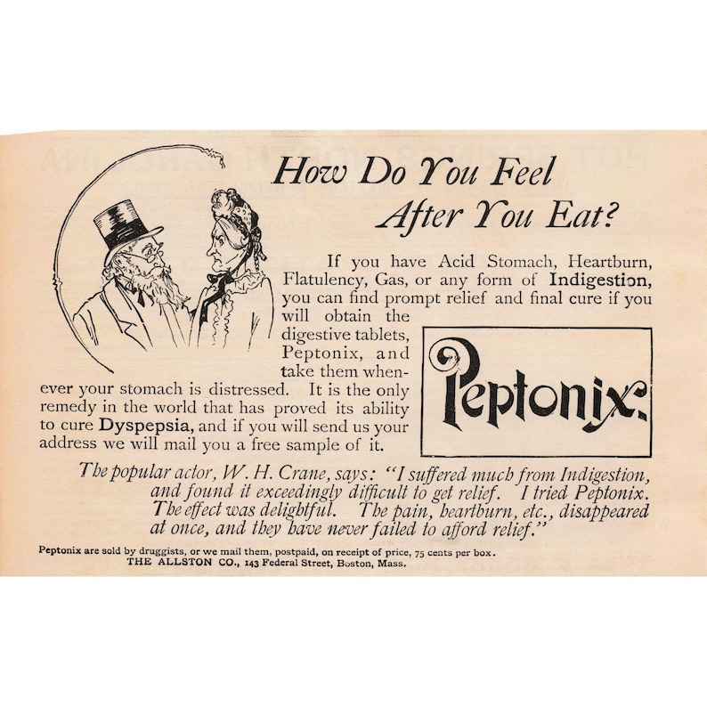 1891 Peptonix Digestive Tablets Indigestion Relief Vintage Advertisement Boston image 1