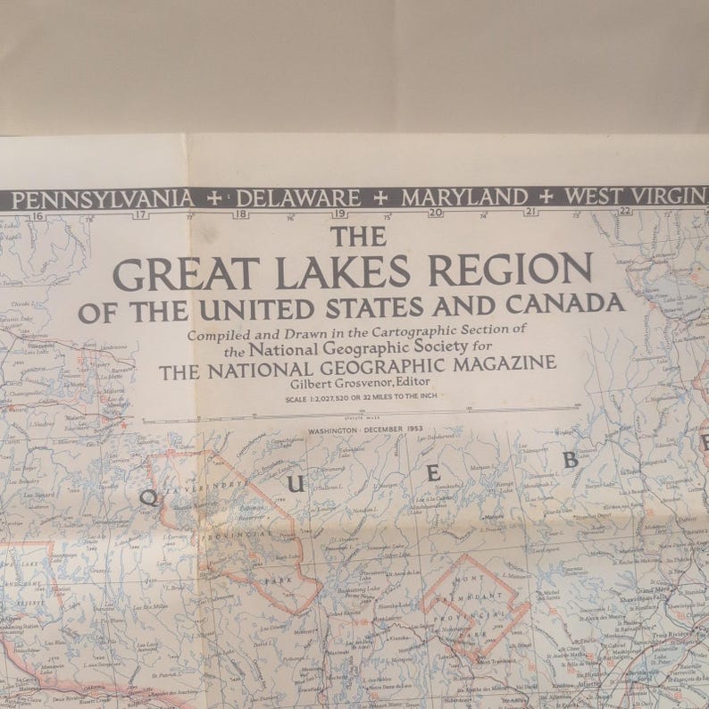 Vintage-Karte der Großen Seen-Region von National Geographic aus dem Jahr 1953, USA/Kanada, 42 x 27 Zoll Bild 2