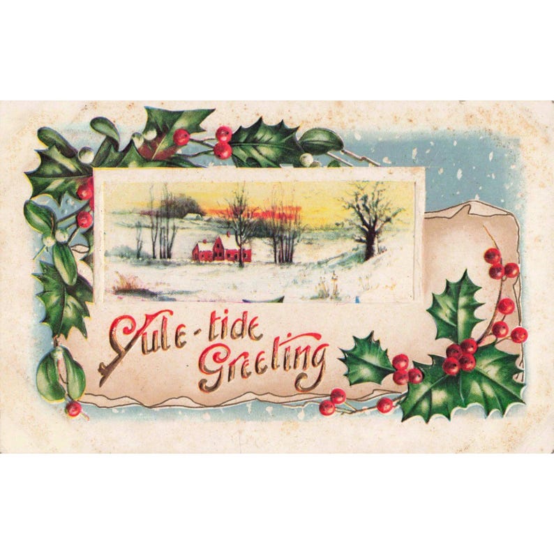 Antique Yule-tide Greeting Postcard Embossed Winter Landscape Holly Berries VG image 1