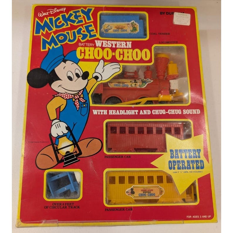 Ensemble vintage de train Western Choo-Choo MICKEY MOUSE par Durham - Boîte effet vieilli image 1