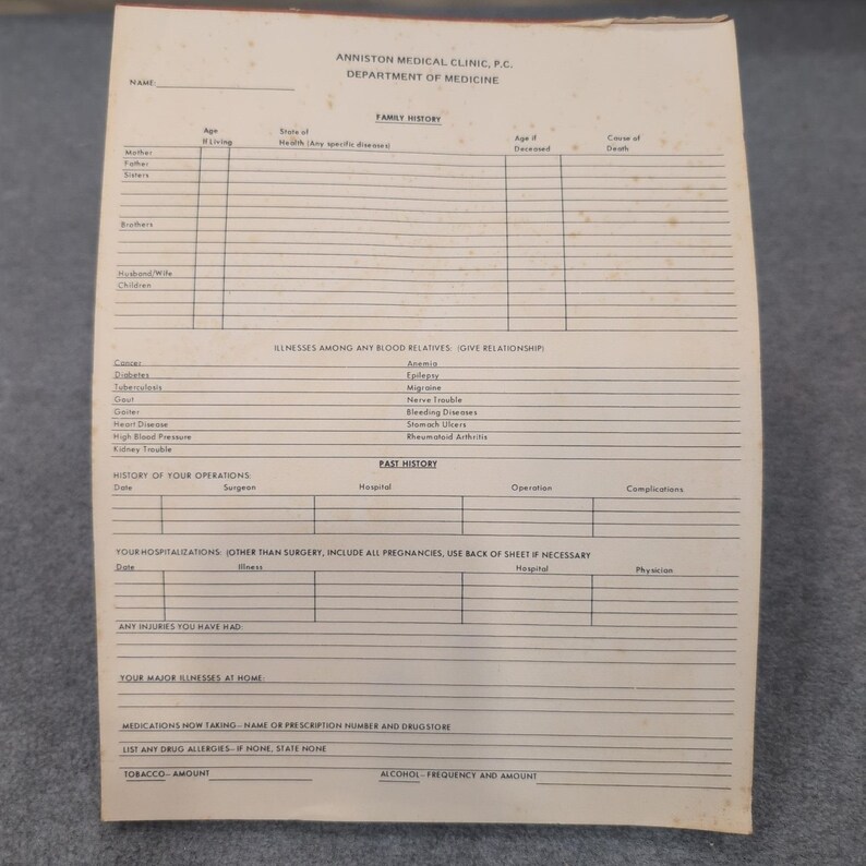 Vtg Medicinsk Patienthistorikblankett Anniston, AL Klinik PC Medicinska Avdelningen bild 1