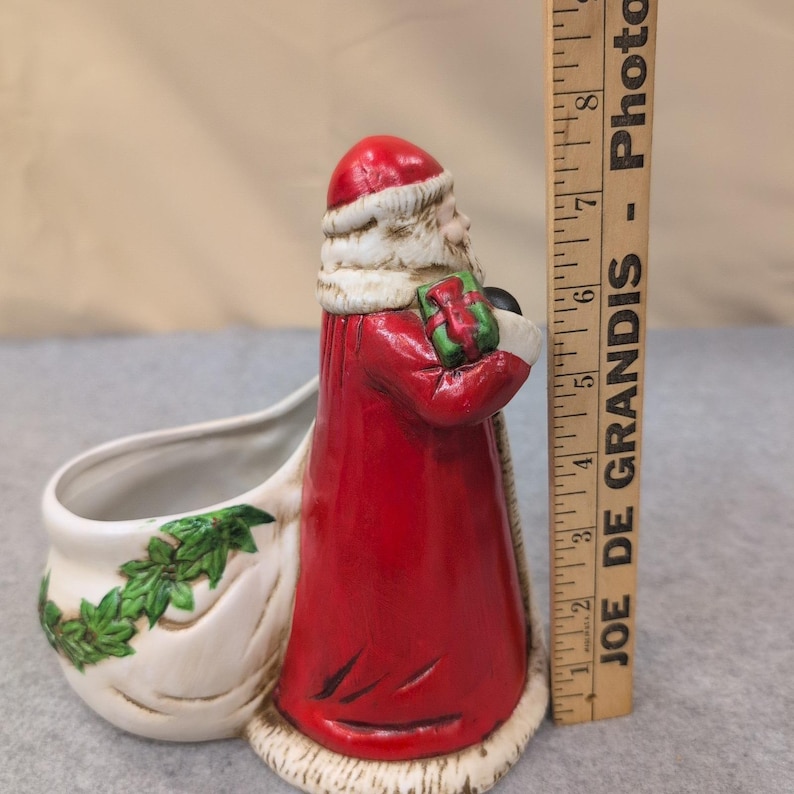Claire Burke 1991 Ceramic Santa Claus Planter Candy Dish Red Green Holly image 4