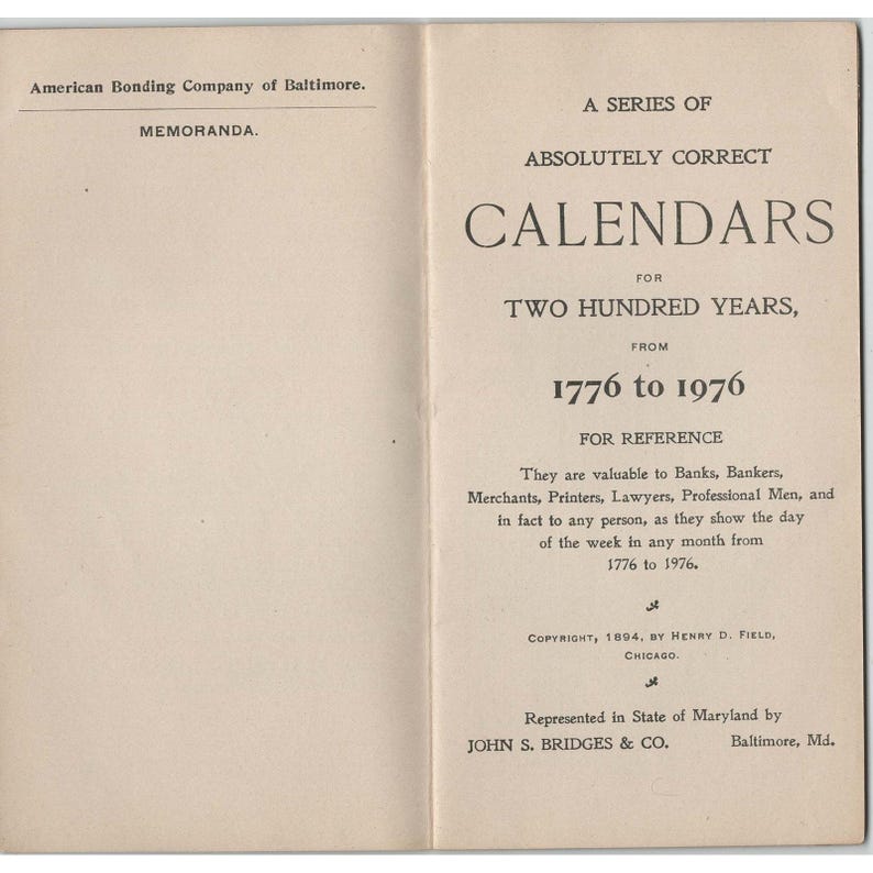 Vintage 1894 Reference Calendars 1776-1976 American Bonding Co Baltimore Booklet image 3