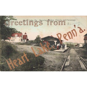 Heart Lake PA Susquehanna Co Postcard Greetings From Depot Church Parsonage image 1