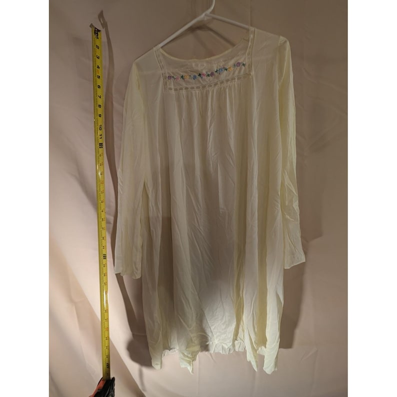 Vintage Ivory Long Sleeve Nightgown Lace Embroidered Floral Trim Sheer Nylon image 1