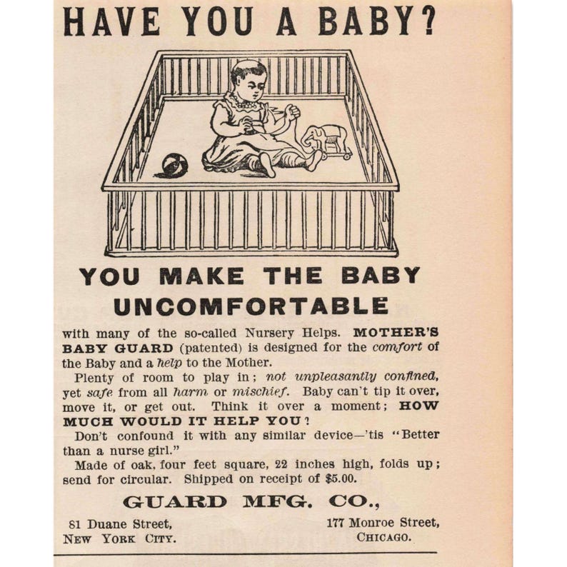 1891 Guard MFG CO Baby Playpen Oak 4ft Square 22in High Folds Up Print Ad image 1