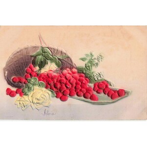 Antique Embossed Postcard Red Cherries Yellow Roses Basket Made in Germany 15538 image 1