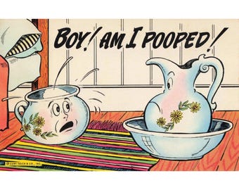Vintage Curt Teich Boy Am I Pooped Humorous Linen Postcard P-173 C.T. Photochrom