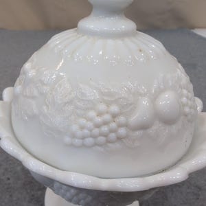 Vintage White Milk Glass Harvest Fruit Embossed Pedestal Candy Dish with Lid image 2