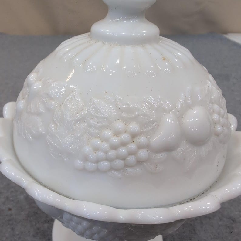 Vintage White Milk Glass Harvest Fruit Embossed Pedestal Candy Dish with Lid image 2
