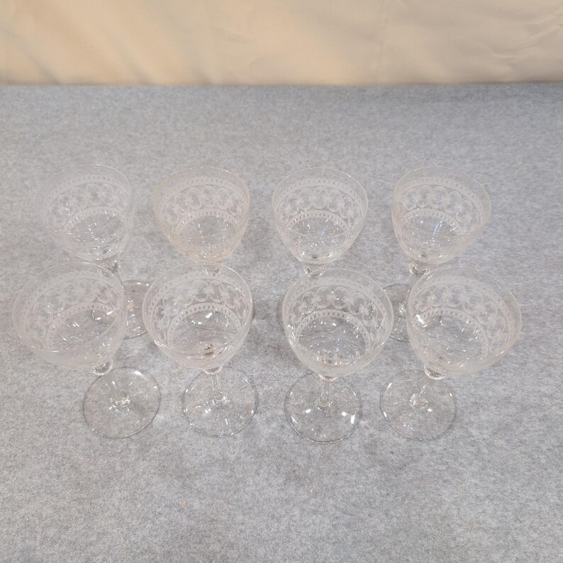Vintage Etched Lace Crystal Wine Glasses Set of 8 Clear Stemmed Goblets image 6