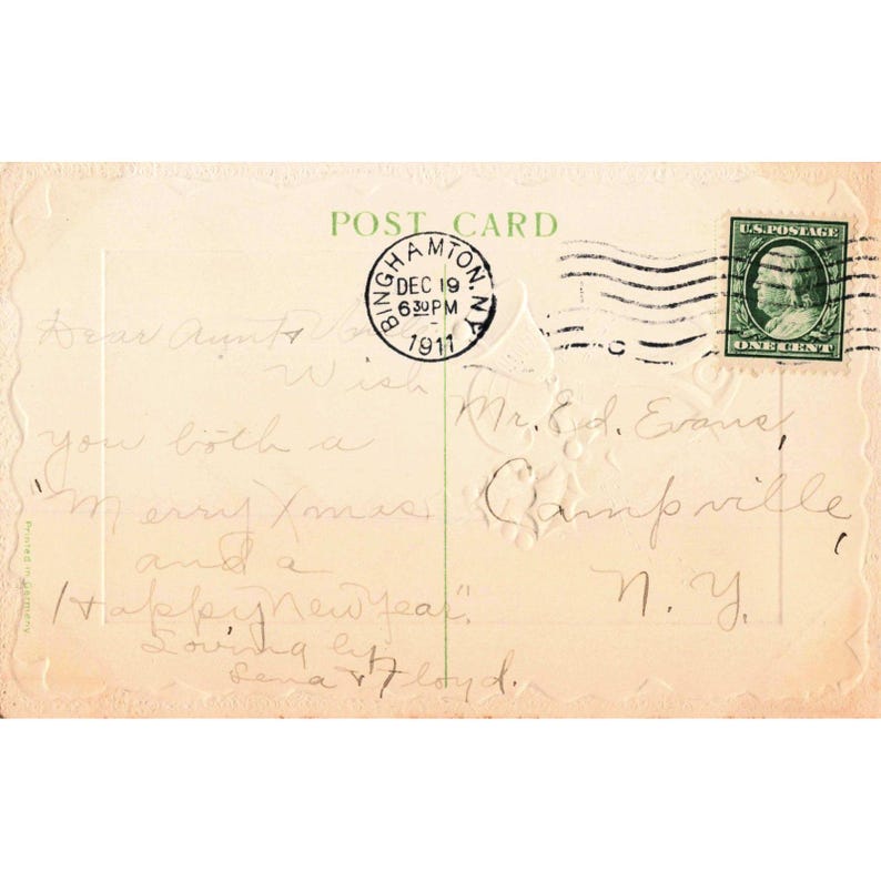 Vintage 1911 Embossed Christmas Postcard Holly Bells Cottage Scene Germany VG image 2