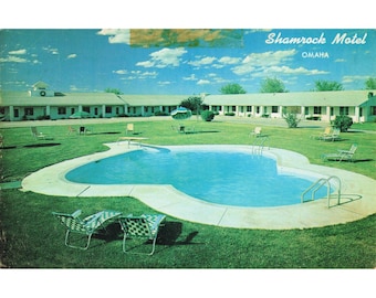 Shamrock Motel Omaha Nebraska Chrome Postcard Swimming Pool Roadside Americana