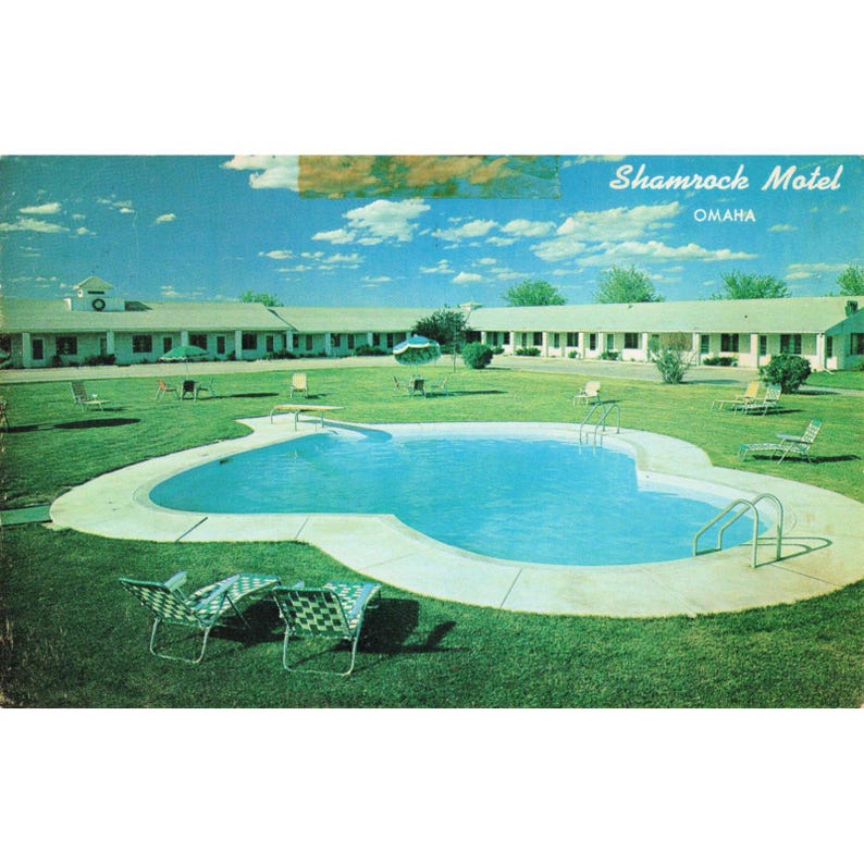 Shamrock Motel Omaha Nebraska Chrome Postcard Swimming Pool Roadside Americana image 1