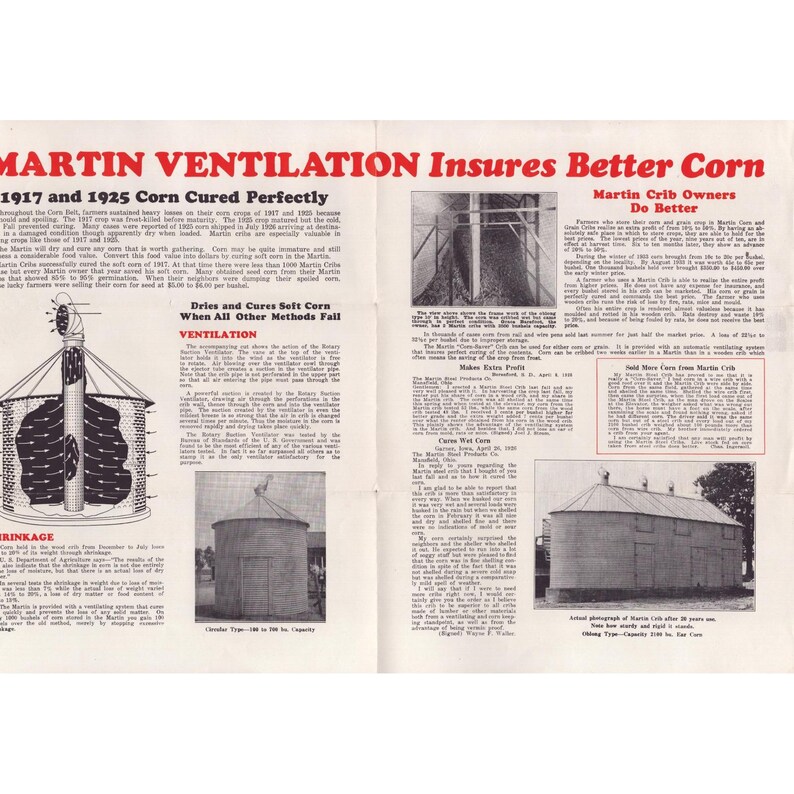 Folleto publicitario antiguo de Martin Steel Products Corp. sobre los crisoles Corn-Saver en Ohio. imagen 3