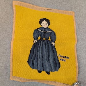 Vintage Hand Stitched Needlepoint Porcelain Doll 1880 Victorian Textile Art image 1
