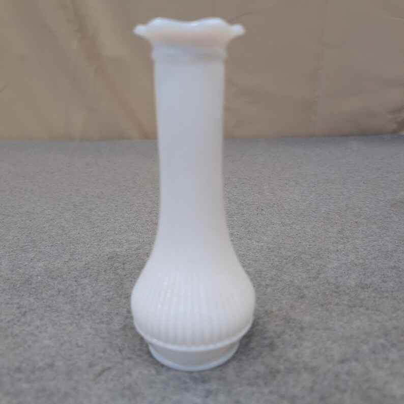 Vintage White Milk Glass Ribbed Bud Vase with Ruffled Rim image 1