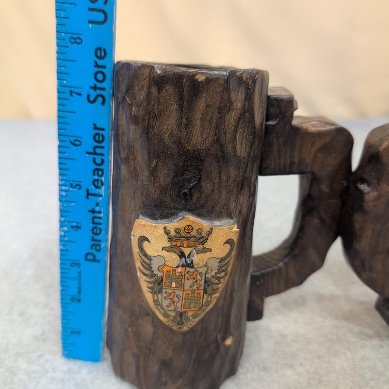 Vintage Hand Carved Wooden Mug Coat of Arms of Toledo, Spain Set of 2 Dark Wood image 8
