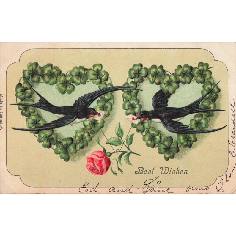 Antique German Embossed Postcard Swallows Clover Hearts Best Wishes E Crandall image 1