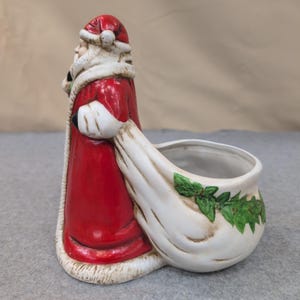 Claire Burke 1991 Ceramic Santa Claus Planter Candy Dish Red Green Holly image 6