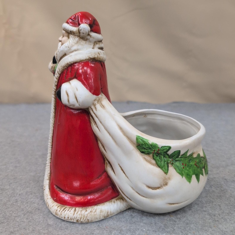 Claire Burke 1991 Ceramic Santa Claus Planter Candy Dish Red Green Holly image 6