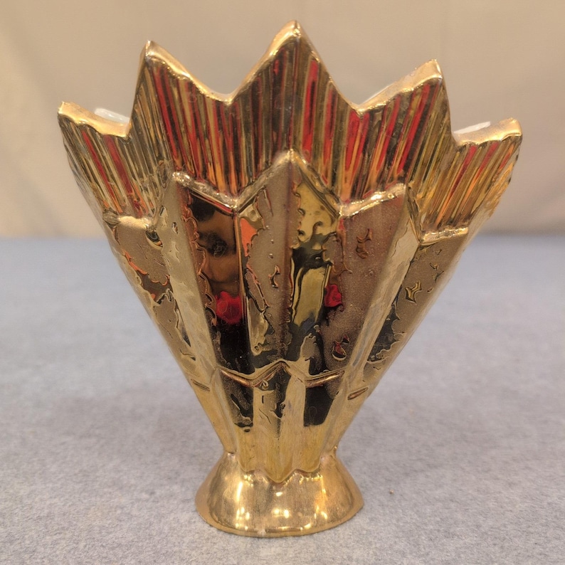 Vintage Art Deco Gold Metallic Ceramic Fan Sunburst Bud Vase image 4