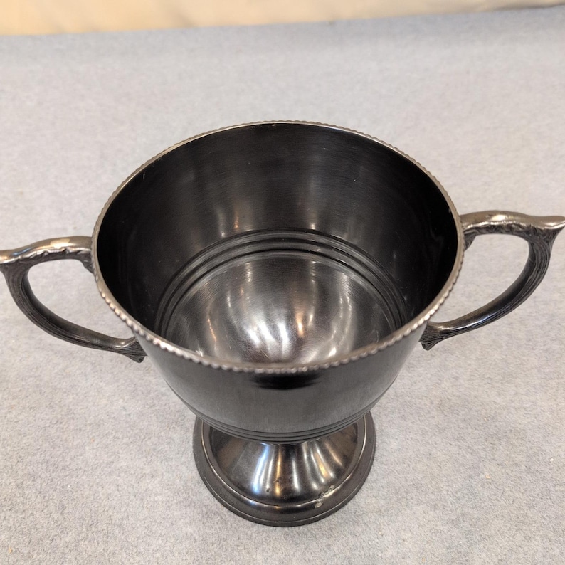 Vintage Silver Tone Loving Cup Trophy Ornate Handles Beaded Rim Pedestal Base image 2