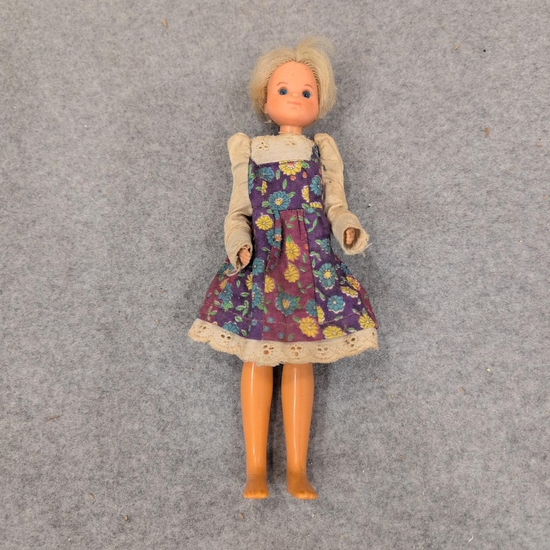 Vintage Miniature Blonde Doll Blue Eyes Floral Lace Dress Dollhouse Figure image 1