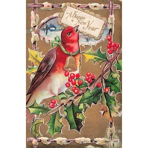 Vintage 1911 A Happy New Year Postcard Red Bird Holly Berries Endicott NY Stamp image 1