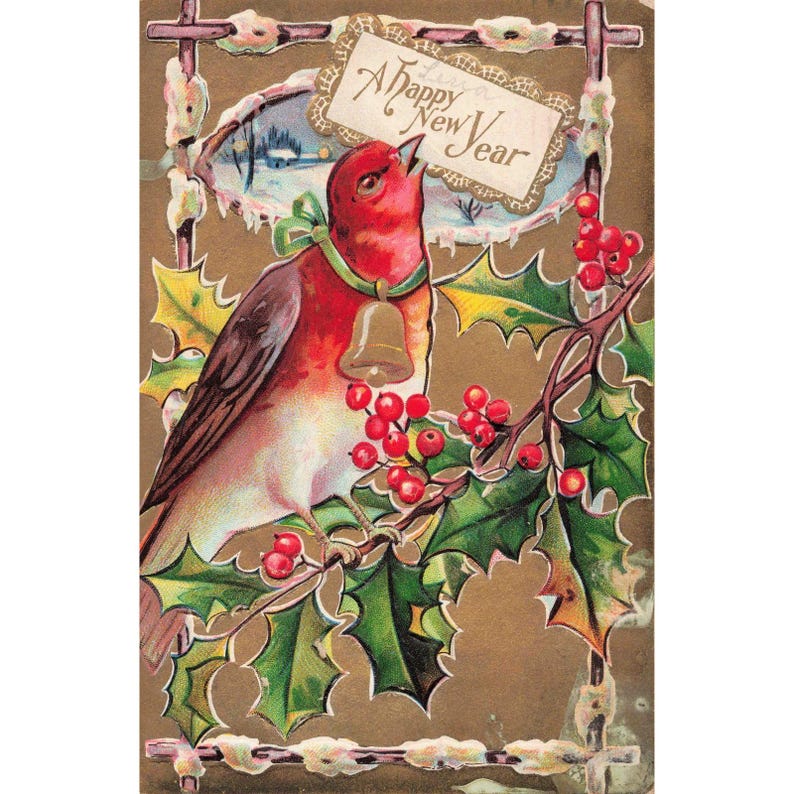 Vintage 1911 A Happy New Year Postcard Red Bird Holly Berries Endicott NY Stamp image 1